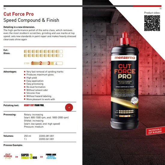 Menzerna Cut Force Pro Speed Compound & Finish product with specifications on a dark background