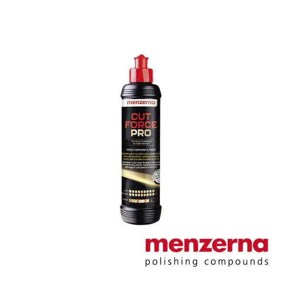 Bottle of menzerna Cut Force Pro polishing compound on a white background