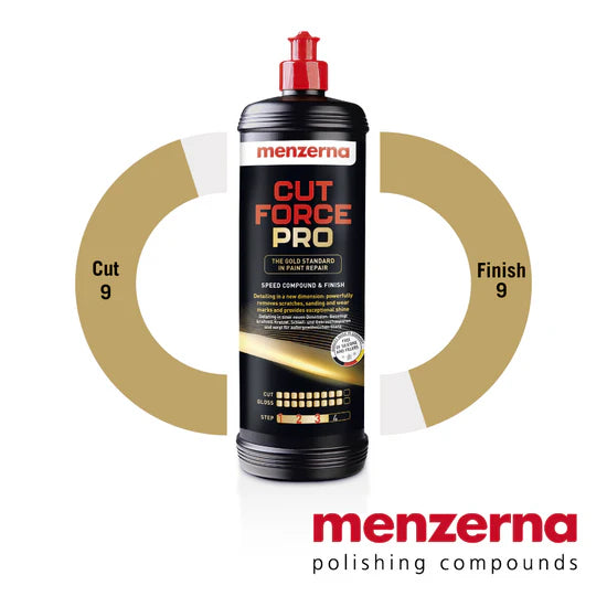 Menzerna Cut Force Pro polishing compound bottle with branding on a white background